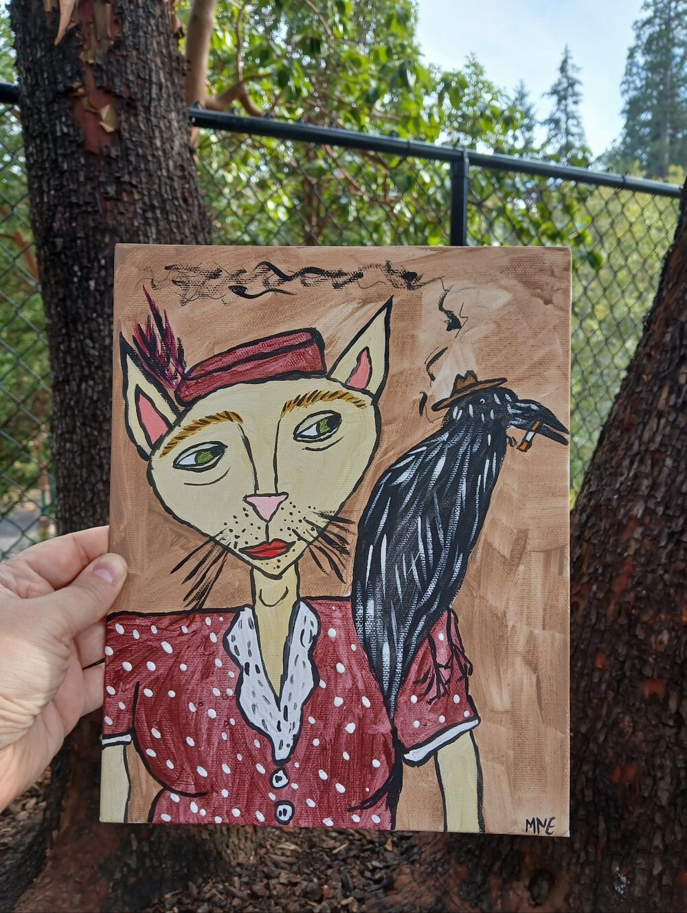 Cat With Crow On Shoulder Painting Folk Art